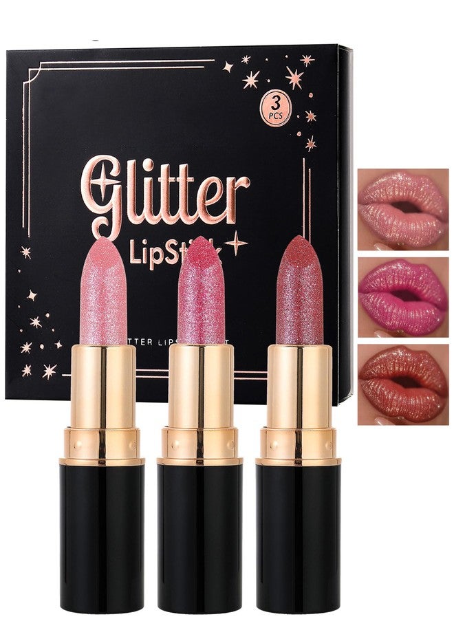DuaTana Metallic Glitter Lipstick Set Long Lasting,3 Pcs Diamond Shimmer Lip Gloss Nude Pink Rose Pink Red Matte Lip Stick for Women,Sparkling Shiny Transfer Proof Non Stick Tinted Lip Balm Color Makeup-Set B - Image 1